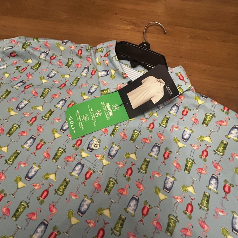 Chaps Golf Polo Shirt Mens Medium Powder Blue Flamingo Cocktail Print DriWear